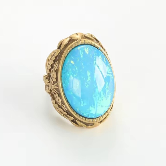 Antique Blue Opal Gemstone Brass Ring Museum-Quality Treasure - Picture 2 of 6